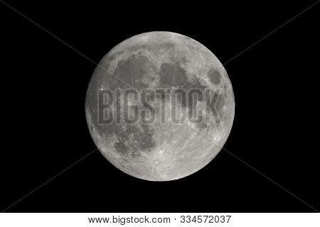 Full Moon Seen With An Astronomical Telescope. Stacking Of Multiple Shots To Improve Contrast And Re