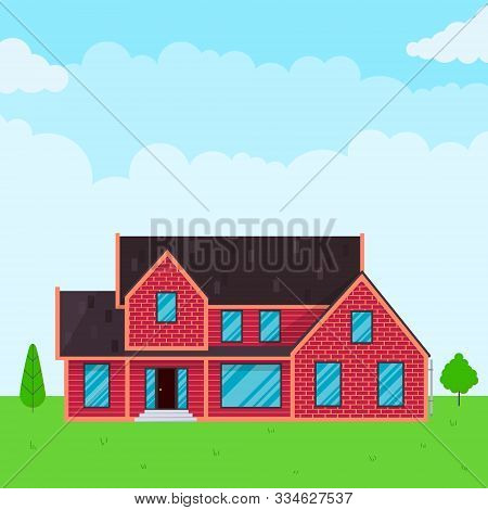 Modern House Exterior Flat Style Design Vector Illustration With Roof, Windows And Shadows. Classic 