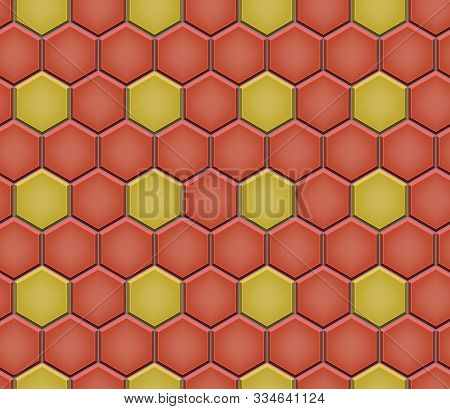 Seamless Pattern Of Hexagon Tiled Cobblestone Pavers. Geometric Mosaic Street Tiles. Red And Yellow 
