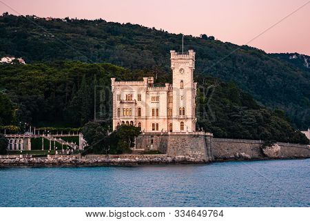 Dramatic View Of The Tourist Spot Castello Di Miamare (castle Of Miramare) In Trieste, Italy On The 