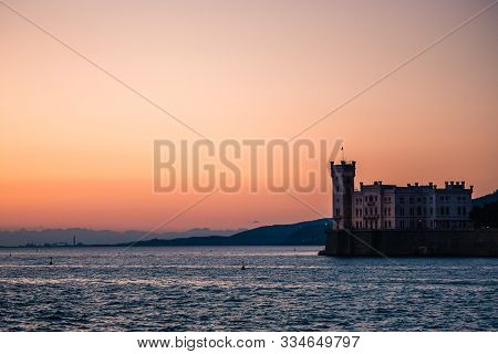 Dramatic View Of The Tourist Spot Castello Di Miamare (castle Of Miramare) In Trieste, Italy On The 