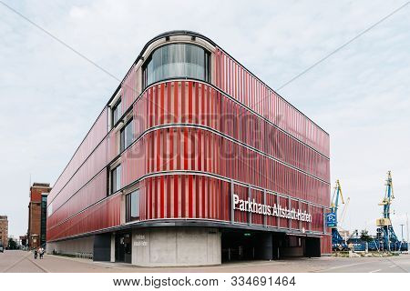 Wismar, Germany - August 1, 2019: Modern Architecture Multi Storey Car Park In The Harbour Of Wismar