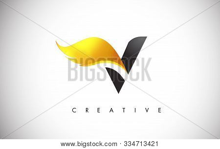 Gold V Letter Wings Logo Design Icon. Flying Wing Letter Logo With Creative Golden Wing Concept.
