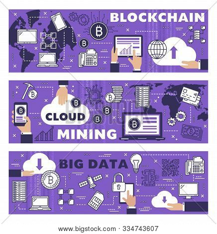 Bitcoin Cloud Mining, Cryptocurrency Blockchain Technology And Crypto Payment Network. Vector Crypto