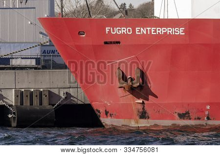 New Bedford, Massachusetts, Usa - November 16, 2019: Bow Of Survey Vessel Fugro Enterprise Docked At