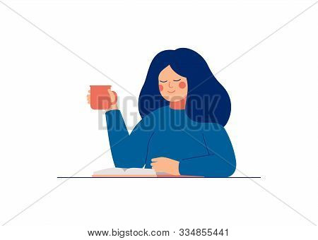 Young Woman Goes Through Her Datebook In The Morning And Plans Her Day. Happy Girl Drinks Coffee And