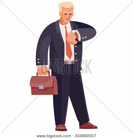 Successful Businessman Looks At His Wrist Watch, Vector