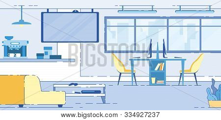 Modern Workplace Or Coworking Area, Open Space Loft Or Office With Computers Standing On Desk, Kitch