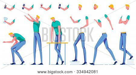 Man Working Creation Kit Flat Cartoon Vector Illustration. Male Character Wearing Jeans And Tshirt. 