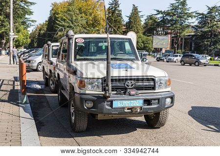 Zugdidi, Georgia, October 10, 2019 : Eu Troops Jeeps - Stand On The Main Street In Zugdidi City In G