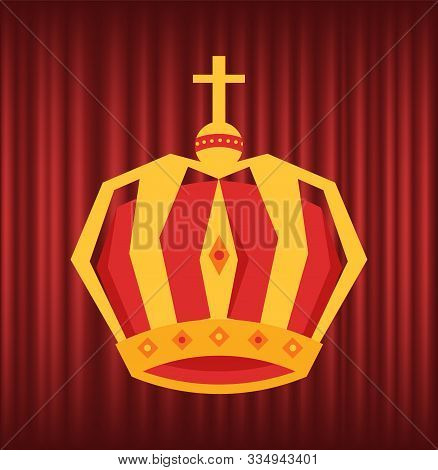 Monarch Crown With Gems And Golden Cross, Metal Royal Hat. Coronation Ornate Element, Jewelry Symbol