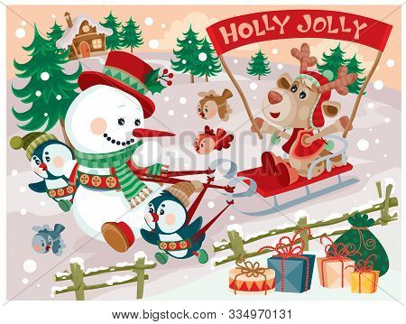 Penguins And A Snowman Ride A Deer In A Sleigh And Enjoy The Upcoming Holidays, New Year And Christm