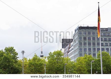 View Of The Television Tower From The Dorothea-schlegel-platz On A Rainy Day In Berlin, Germany