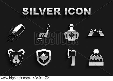 Set Canada Flag On Shield, Mountains, Beanie Hat, Wooden Axe, Bear Head, Bottle Of Maple Syrup, Hock