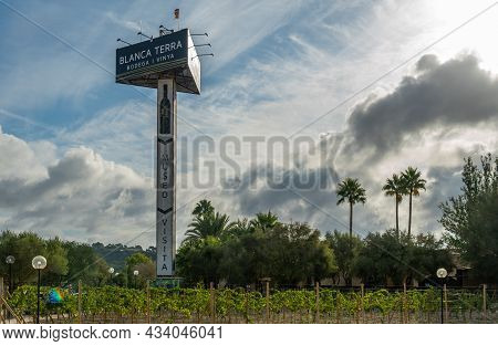 Montuiri, Spain; September 18 2021: Monopost With Billboard Of The Winery Blanca Terra In The Majorc