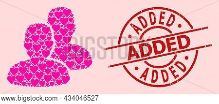 Distress Added Stamp Seal, And Pink Love Heart Mosaic For Users. Red Round Seal Has Added Caption In
