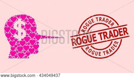 Distress Rogue Trader Stamp Seal, And Pink Love Heart Mosaic For Financial Liar. Red Round Stamp Sea