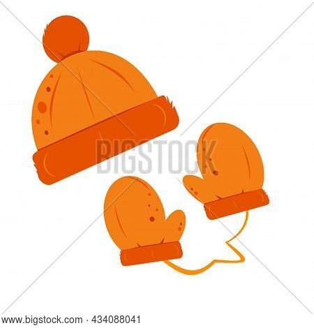 A Set Of Orange Knitted Hats And A Pair Of Knitted Mittens With An Elastic Band. Illustration. Isola