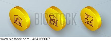 Set Isometric Line Full Warehouse, Warehouse Check And Broken Cardboard Box Icon. Vector