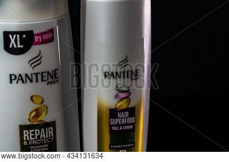 Pantene For Women, Products For Washing Hair Isolated On Black Background. Bucharest, Romania, 2021