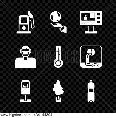 Set Petrol Or Gas Station, Hands Holding Earth Globe, Television Report, Trash Can, Tree, Bottle Of 
