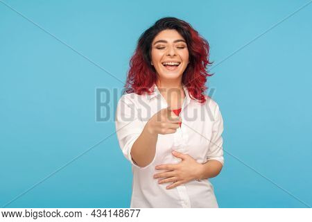 Hilarious Laughter. Portrait Of Joyful Hipster Woman With Fancy Red Hair In White Shirt Laughing Lou