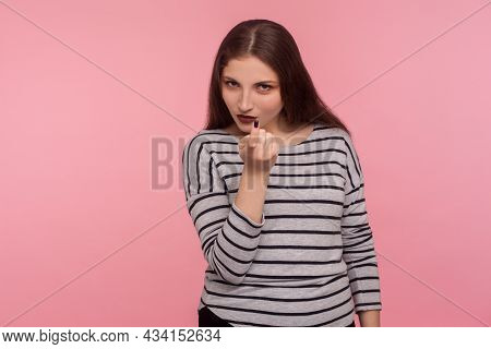 Hey You, Approach To Me. Portrait Of Attractive Seductive Woman In Striped Sweatshirt Gesturing With