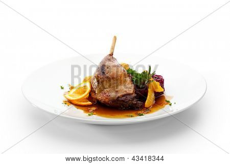 Goose Legs with Cabbage, Croquette and orange Sauce