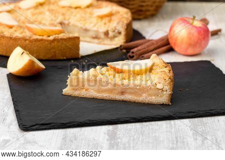 Piece Of Crumble Cake, Delicious Apple Pie Close Up