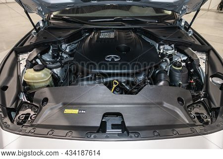 Novosibirsk, Russia - July 01, 2021: Infiniti Q50, Car Engine Close-up. Internal Combustion Engine, 