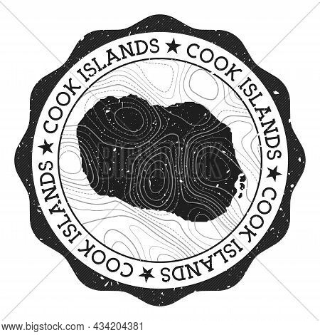 Cook Islands Outdoor Stamp. Round Sticker With Map Of Island With Topographic Isolines. Vector Illus