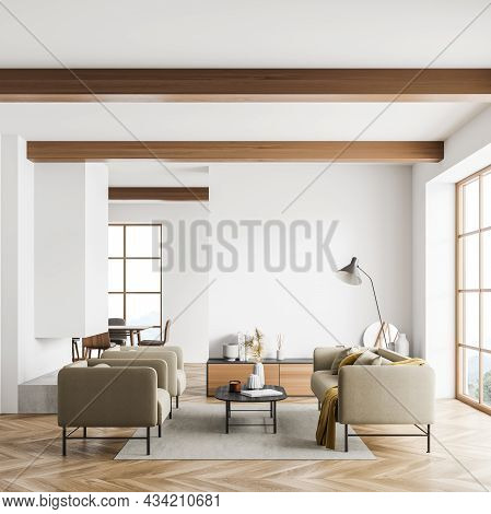 White Living Room Interior With Beige Sofa, Two Armchairs, Dining Area, Beam Ceiling, Panoramic Wind