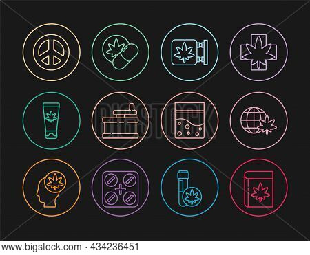 Set Line Book And Marijuana Or Cannabis, Legalize Globe, Marijuana Store, Manual Grinder, Medical Cr