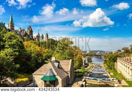 Rideau Canal Locks And Parliament In Ottawa In A Sunny Day, Canada