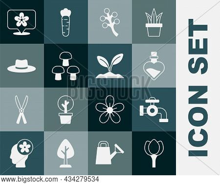 Set Flower Tulip, Water Tap, Bottle With Love Potion, Blossom Tree Branch, Mushroom, Gardener Worker