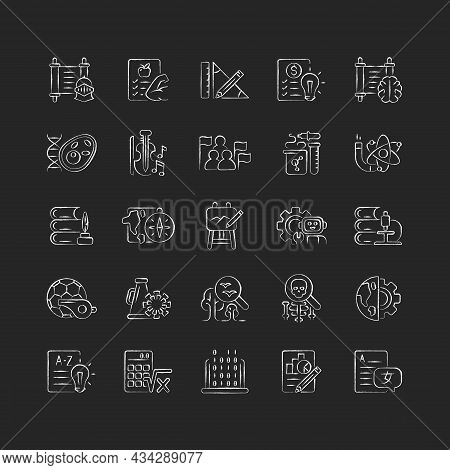 School Subjects Chalk White Icons Set On Dark Background. Humanities And Applied Sciences. Social Sc