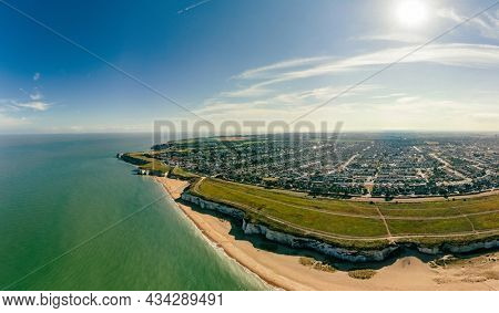 Drone aerial view of the beach and white cliffs, Botany Bay, England, UK