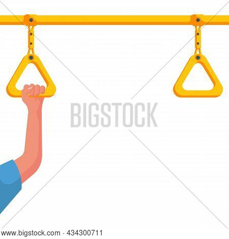 Human Holds On To The Handrail In Public Transport. Hanging Yellow Handle. Ceiling Bracket. Handles 