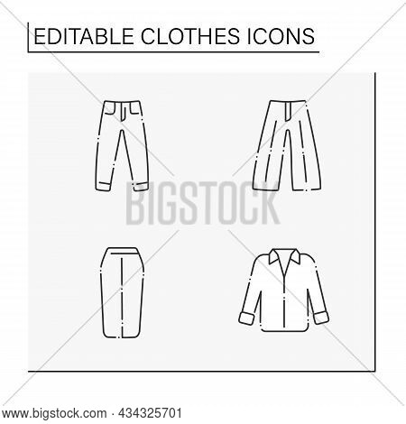 Clothes Line Icons Set. Trendy Outfits. Jeans, Midi Skirt, Oversized Shirt, Palazzo Trousers. Fashio