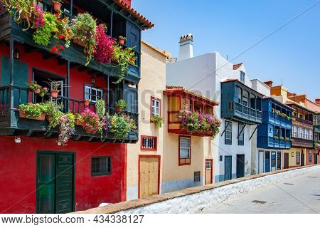 Street with typical local houses in Santa Cruz de La Palma city, Canary Islands, Spain