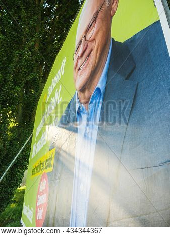 Kehl, Germany - Sep 24, 2021: Side View Of Large Election Posters With The Chancellor Candidates Of 