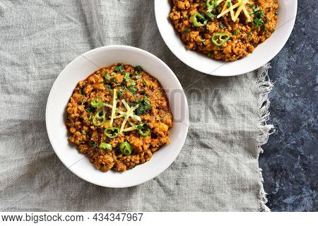 Keema Curry In Bowls. Indian And Pakistani Style Dish. Top View, Flat Lay