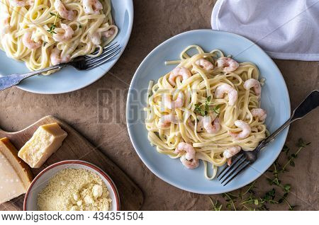 Delicious Home Made Coldwater Shrimp And Herb Linguine With Chives And Thyme.