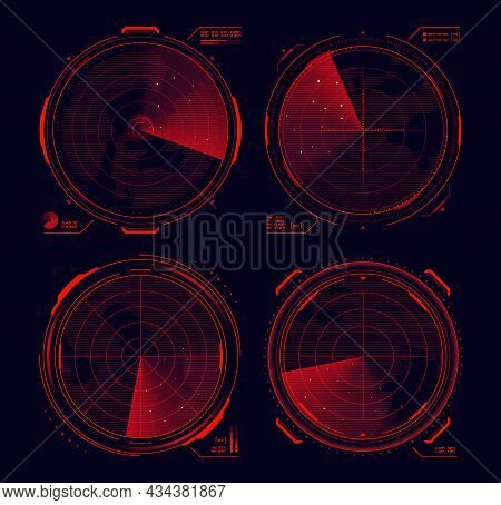 Hud Military Radar Or Sonar Display Interface, Vector Target Detection Screen. Hud Digital Army Rada