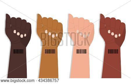 Barcode On The Wrist Of Human Hands. Hands With Different Skin Colors Are Raised Up In Protest. Inte