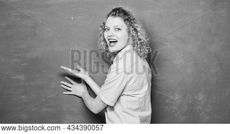 Good Teacher Master Of Simplification. Teaching Could Be More Fun. Woman Teacher In Front Of Chalkbo