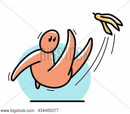Small Funny Cartoon Man Falls Because Of Banana Skin Vector Flat Style Illustration Isolated On Whit