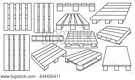 Wooden Pallet Vector Outline Set Icon. Vector Illustration Warehouse Platform On White Background. I