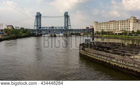 Newark, Nj - September 11, 2013: Nj Transit Train Line Crosses The Newark Drawbridge Over The Passai