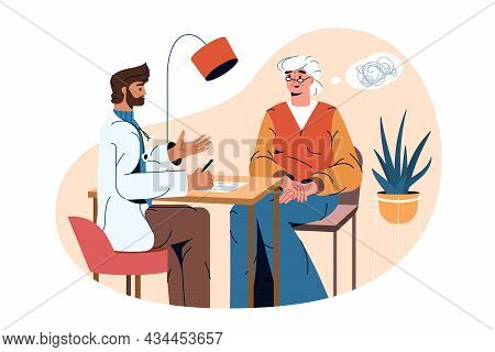 Flat Psychiatrist Doctor And Old Patient With Alzheimer Disease, Confusion In Head. Psychiatric Phys